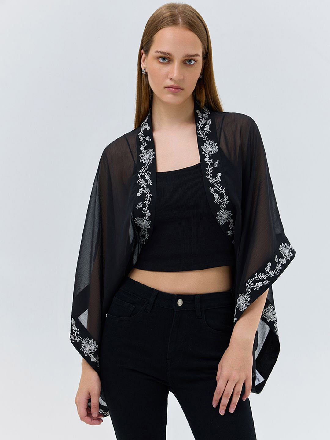 COVER STORY Women Shawl Collar Floral Embroidered Open Front Jacket