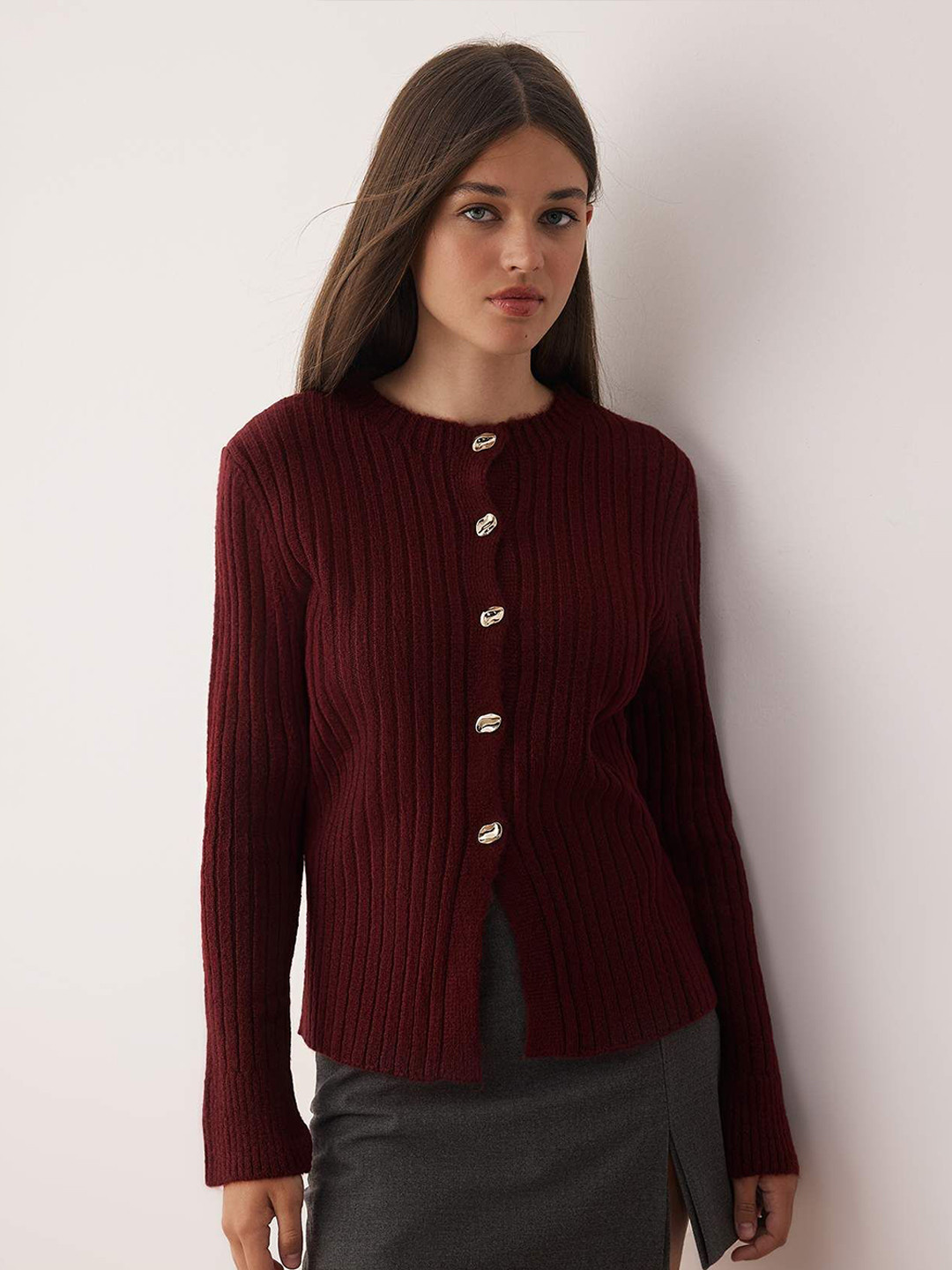 Trendyol Women Ribbed Henley Neck Cardigan