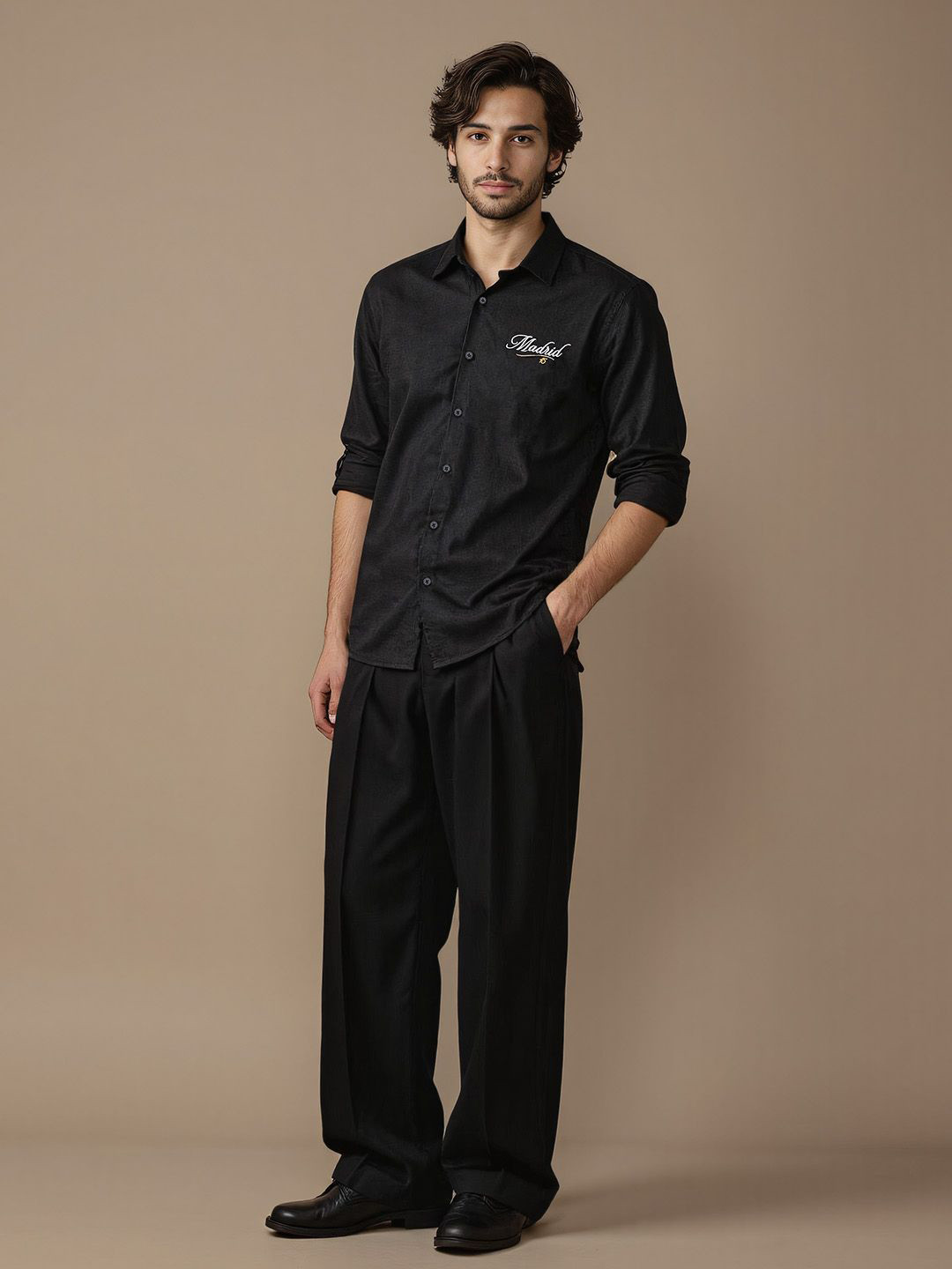 Shop Football Madrid Linen Blend Spread Collar Regular Fit Shirt