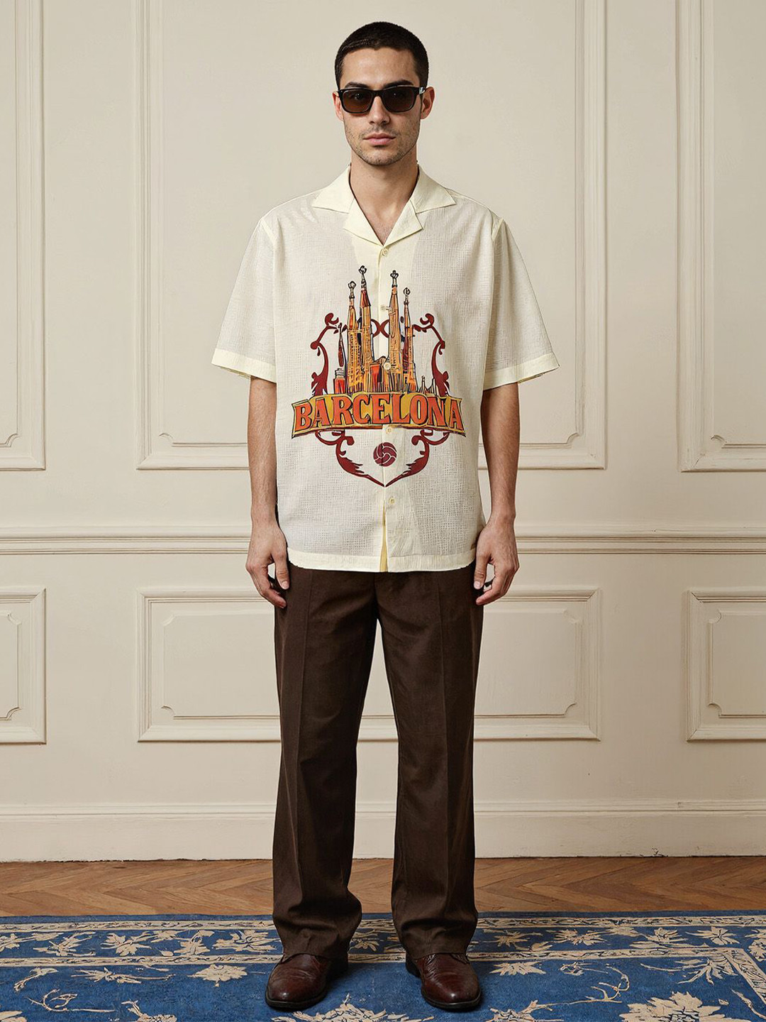 Shop Football Barcelona Linen Blend Spread Collar Oversized Shirt