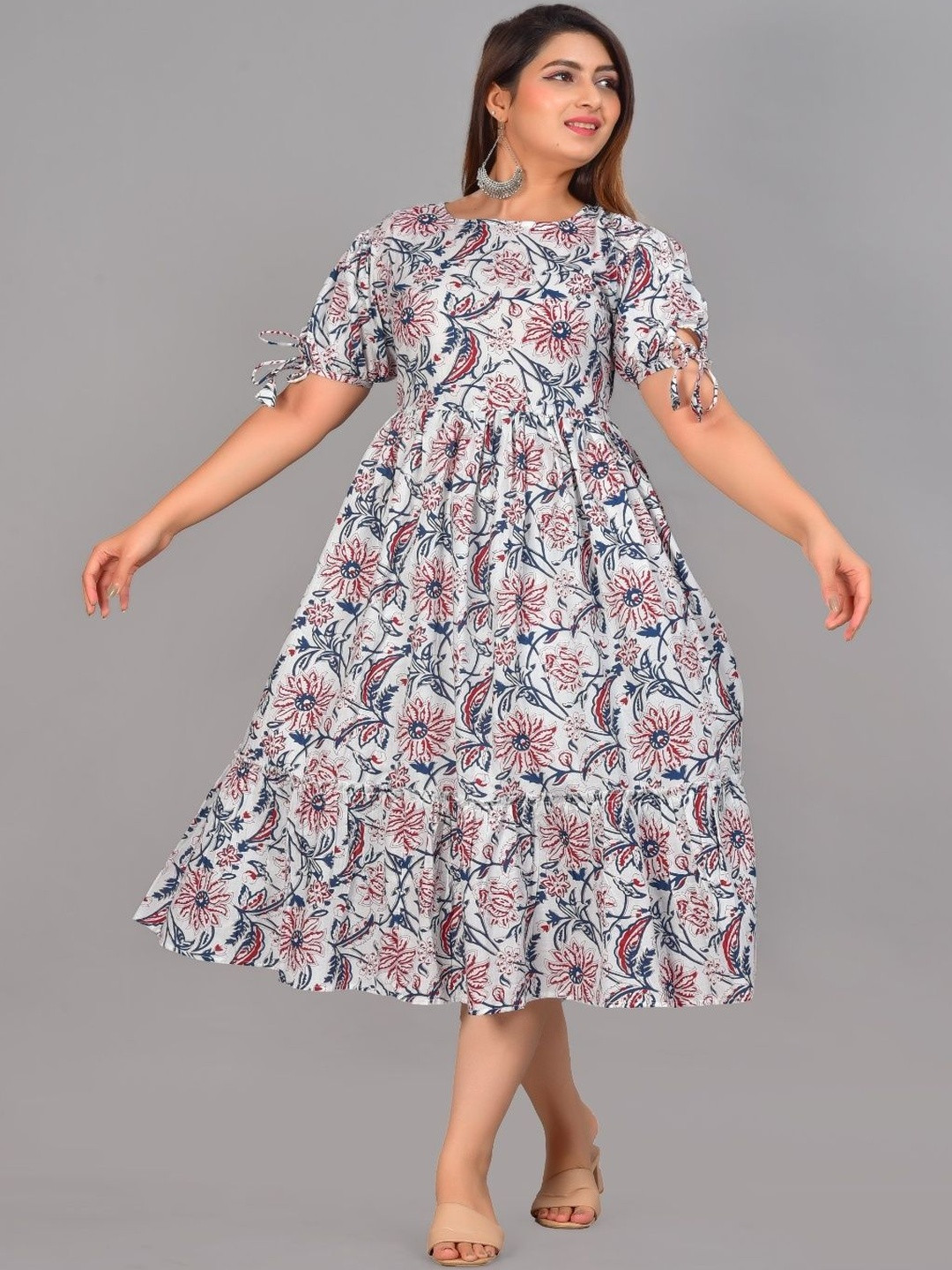 TEESHA Women Floral Print Puff Sleeve A-Line Midi Dress