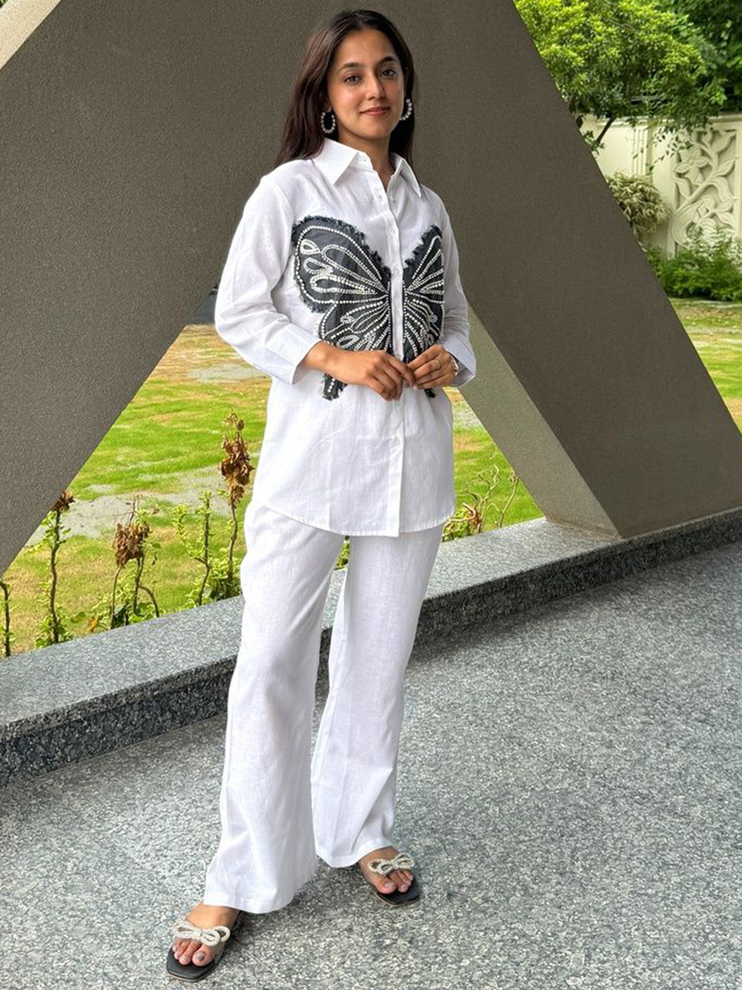 Butterfly Embellished Shirt with Solid Palazzo