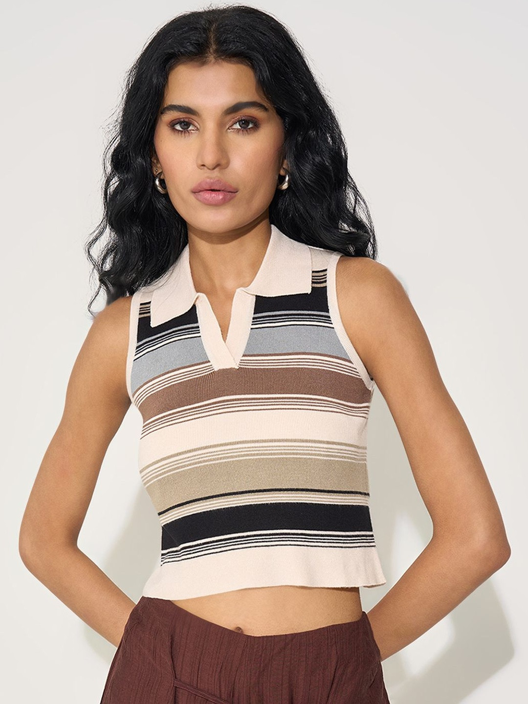 Honey by Pantaloons Women Horizontal Striped Shirt Collar Blouson Crop Top