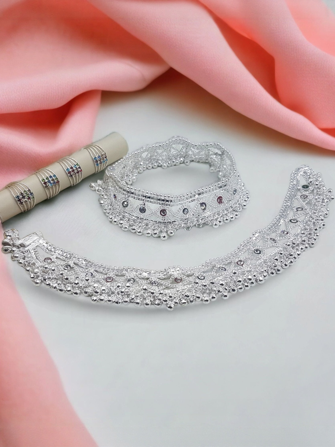 BR Ornaments Women Silver-Plated Artificial Stones Anklets With Toe Rings