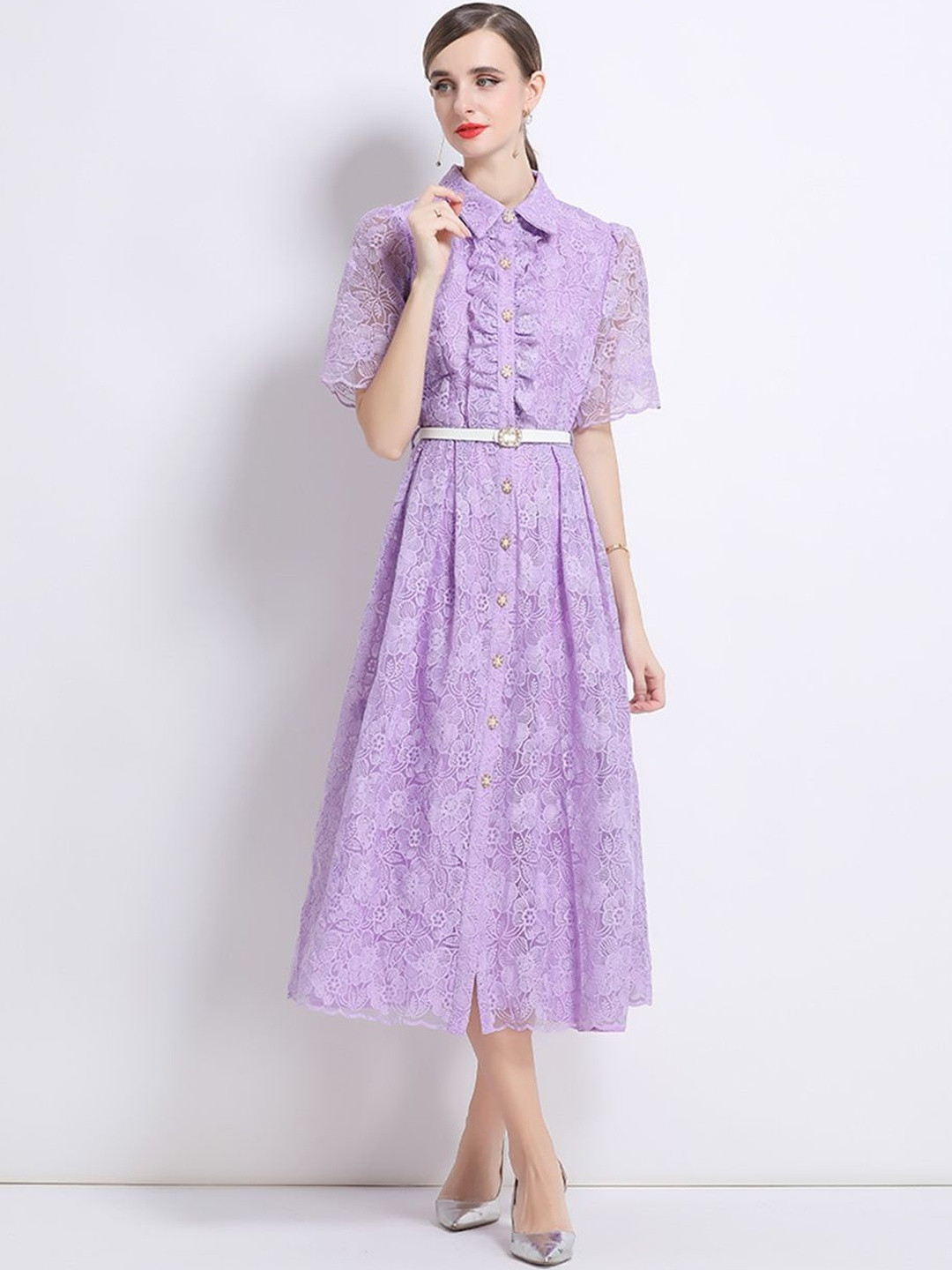 JC Collection Women Self Design Gathered or Pleated Fit and Flare Midi Dress
