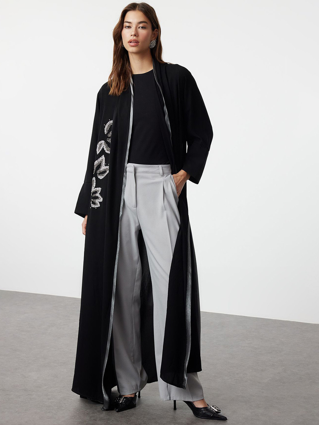 Trendyol Women Black Embroidered Longline Coat