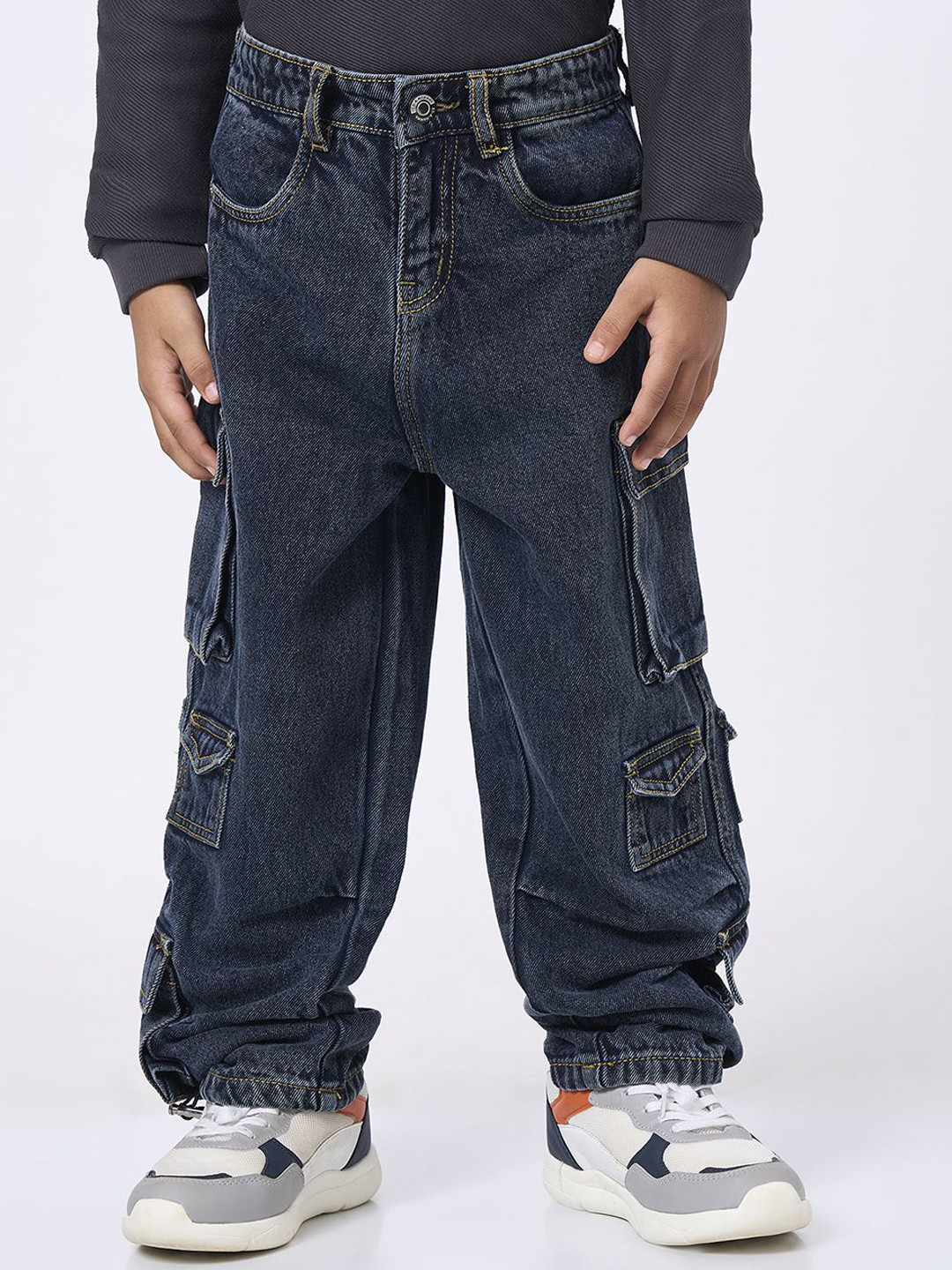 Ed-a-Mamma Boys Mid-Rise light Fade Stretchable Cargo Styles Baggy Jeans