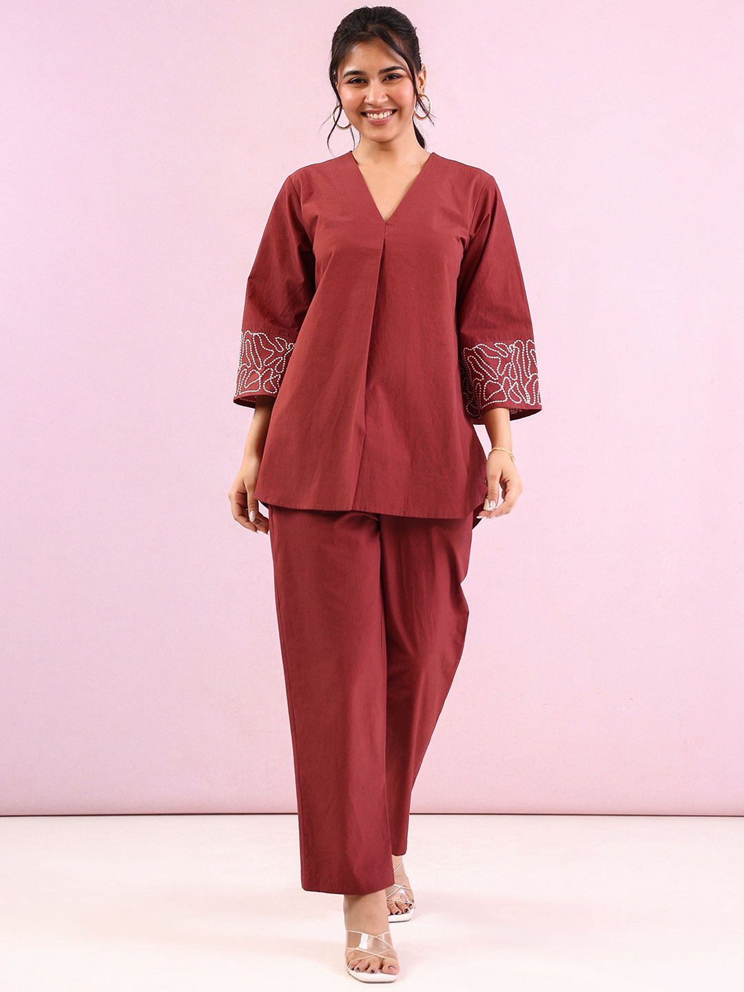 CUSTARD Embroidered V Neck Cotton Poplin Tunic With Trousers Co-Ords