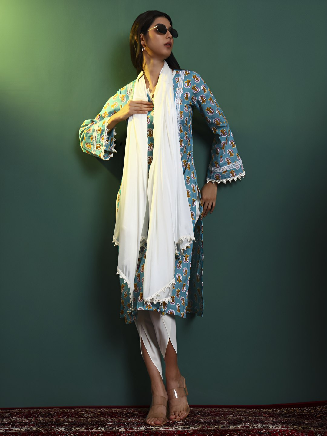 Salvia Sky Floral Printed Notch Neck Pure Cotton Straight Kurta With Dhoti Pants & Dupatta