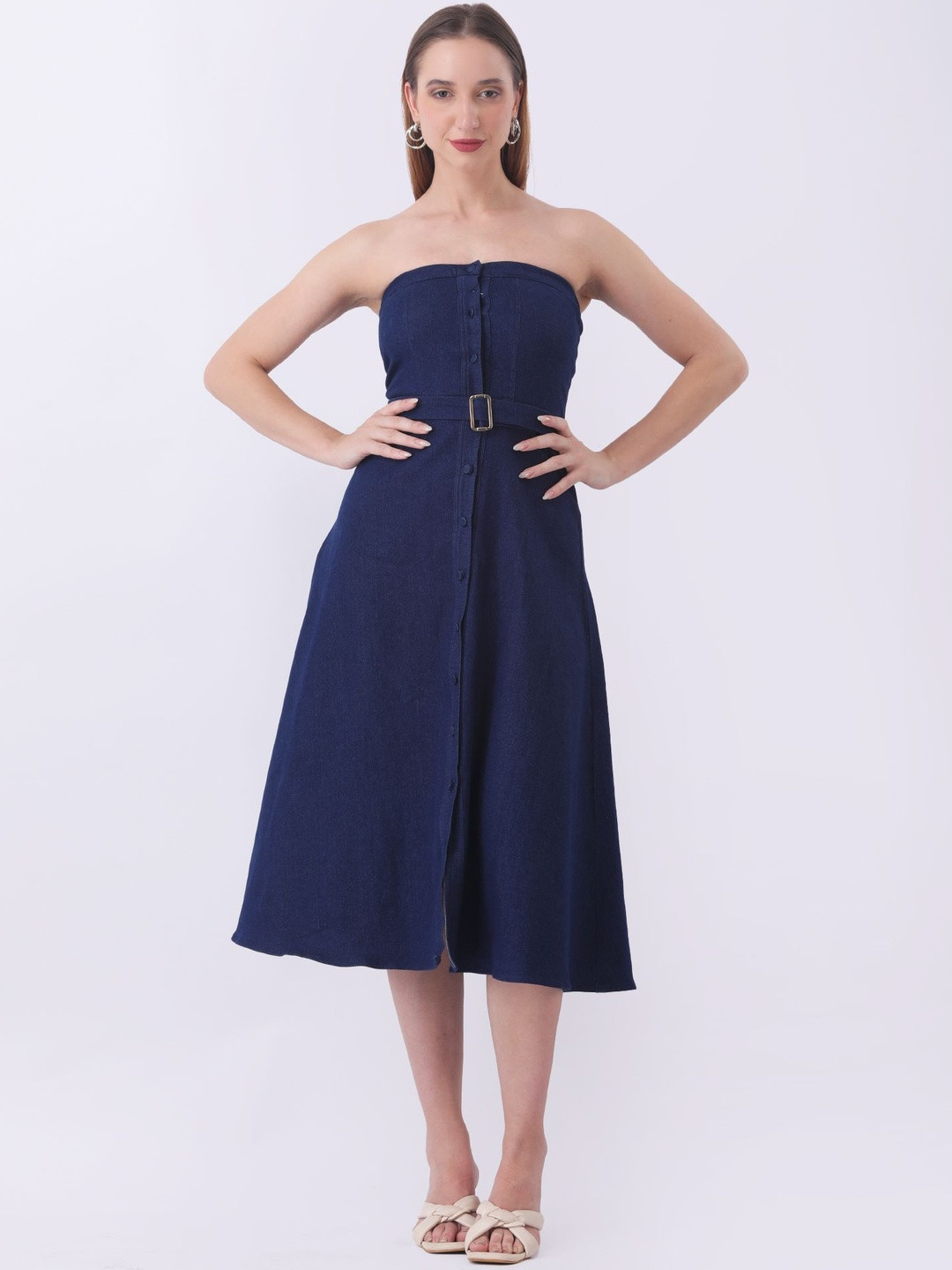 Fashion Gaiia Denim Off Shoulder Waisted Dress Belted A Line Midi Dress