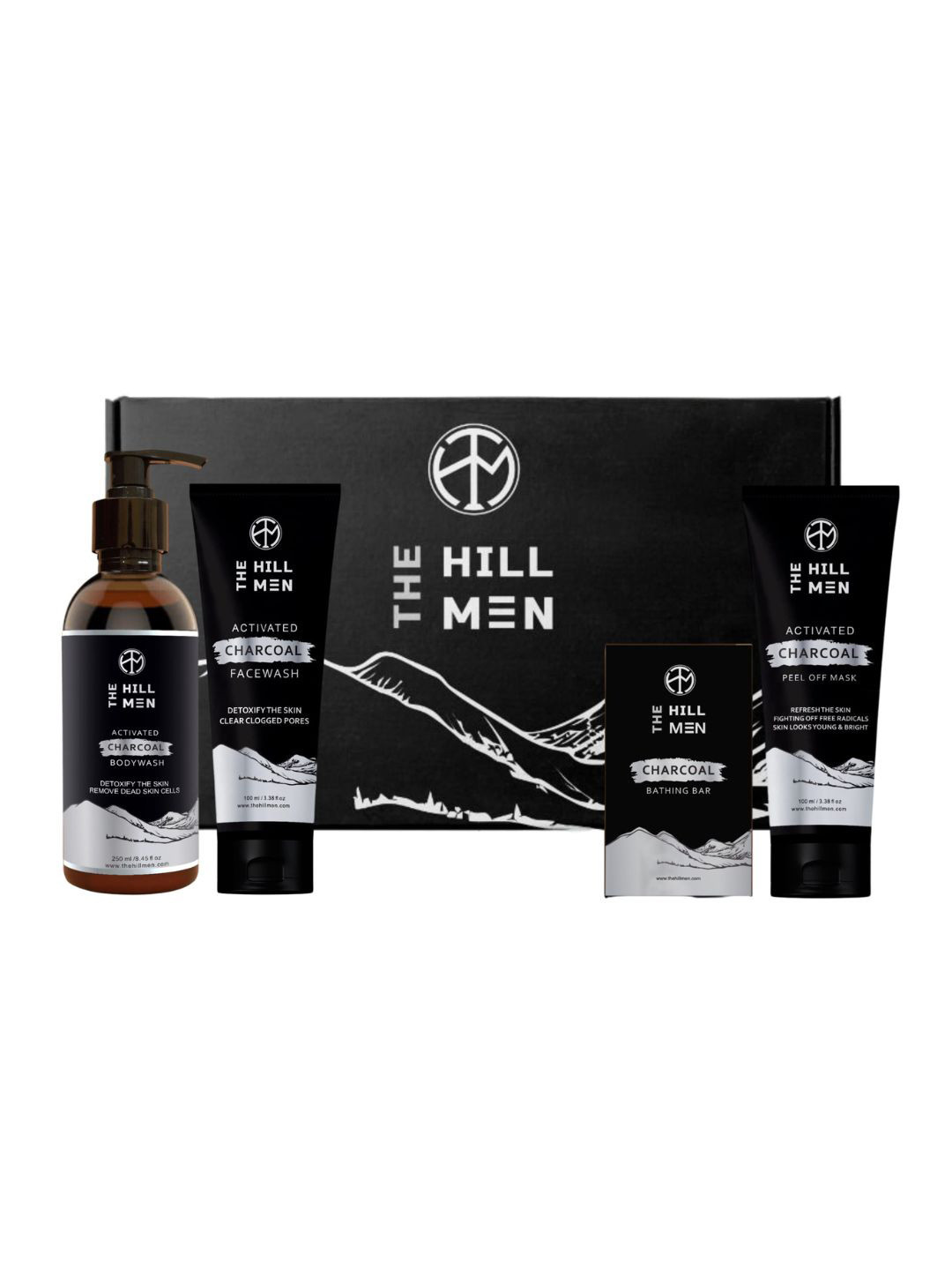 The Hill Men Set Of 4 Charcoal Body Wash-250ml Bathing Bar-125g Peel Of Mask 100ml