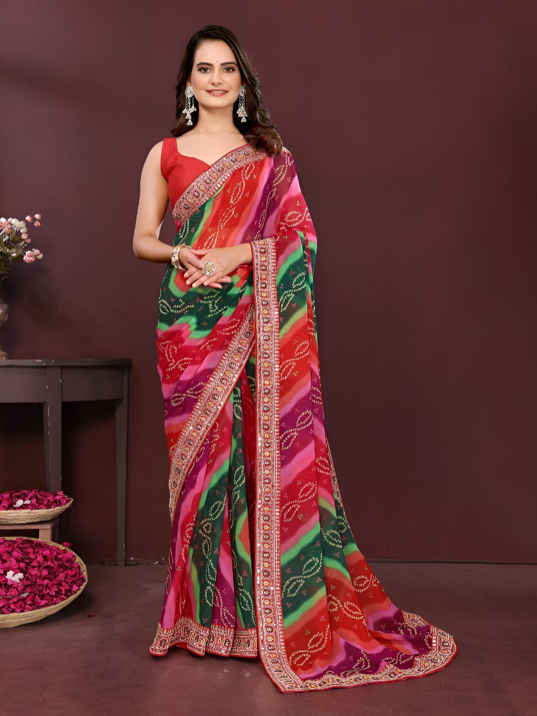 VenderVilla Women Tie and Dye Zari Pure Georgette Bandhani Saree