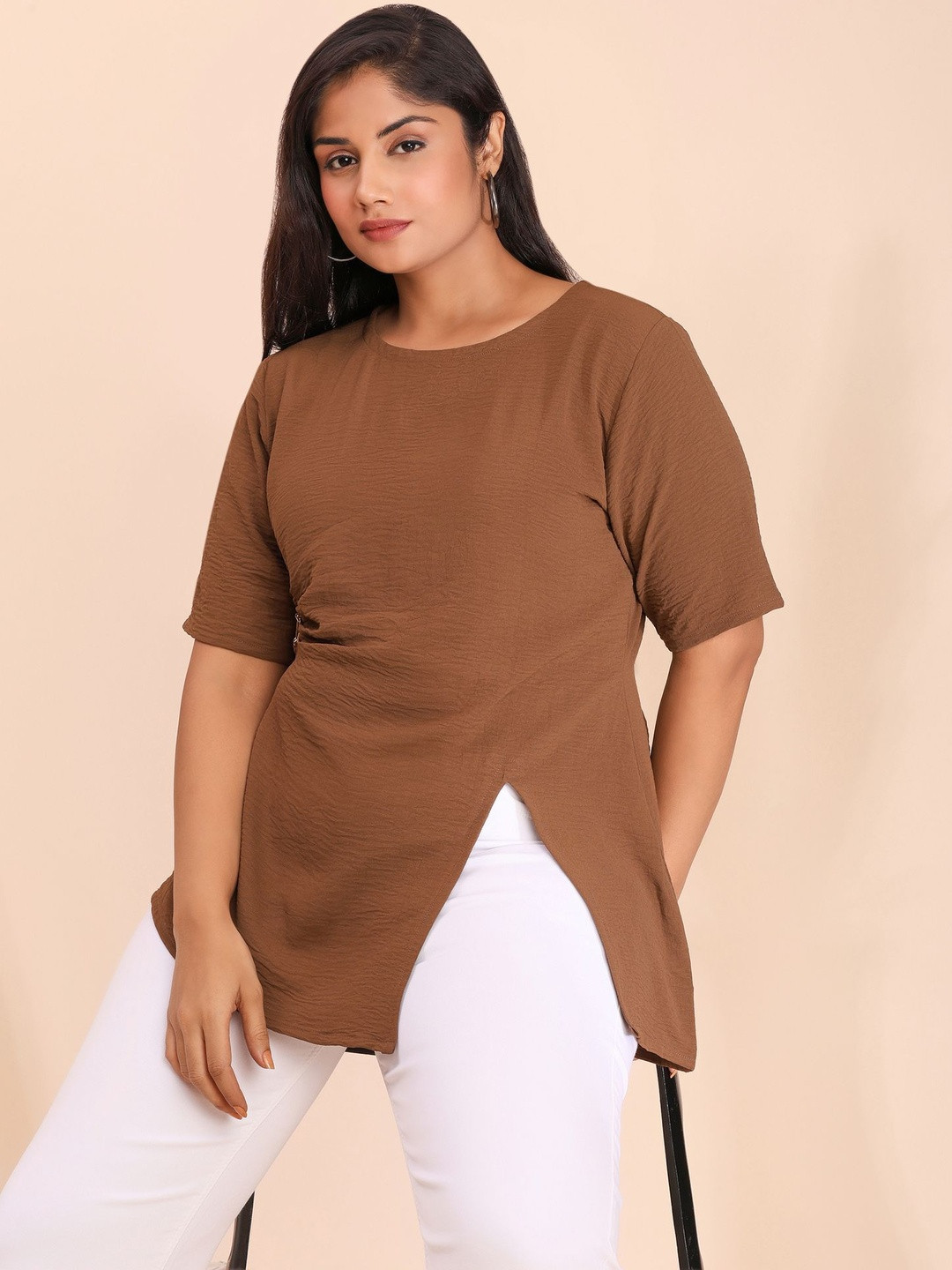 Curvy Lane Women Textured Round Neck Regular Top
