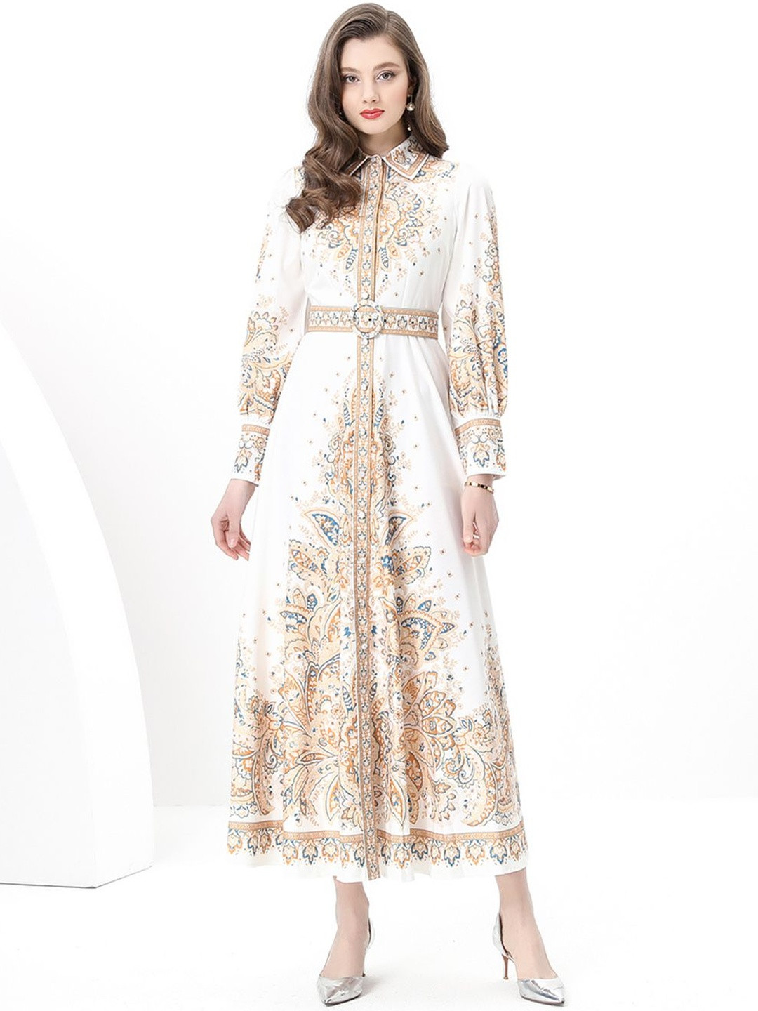 JC Collection Bohemian Print Shirt Collar Shirt Maxi Dress
