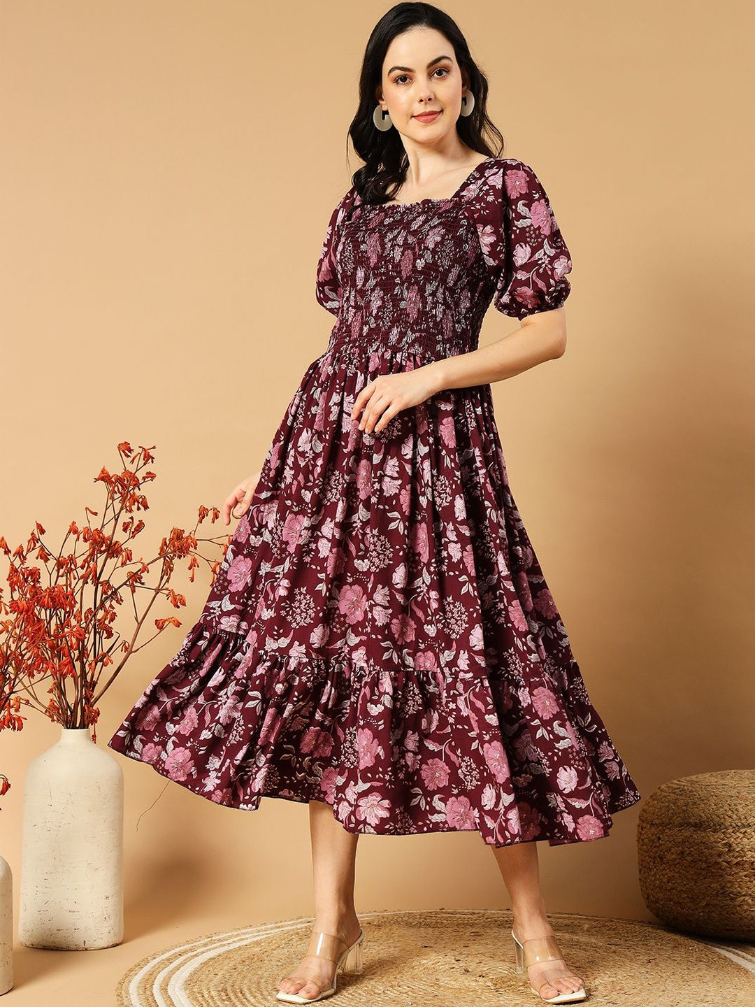 FIXOCRA Women Floral Printed Smocked Tiedred Fit & Flare Midi Dress