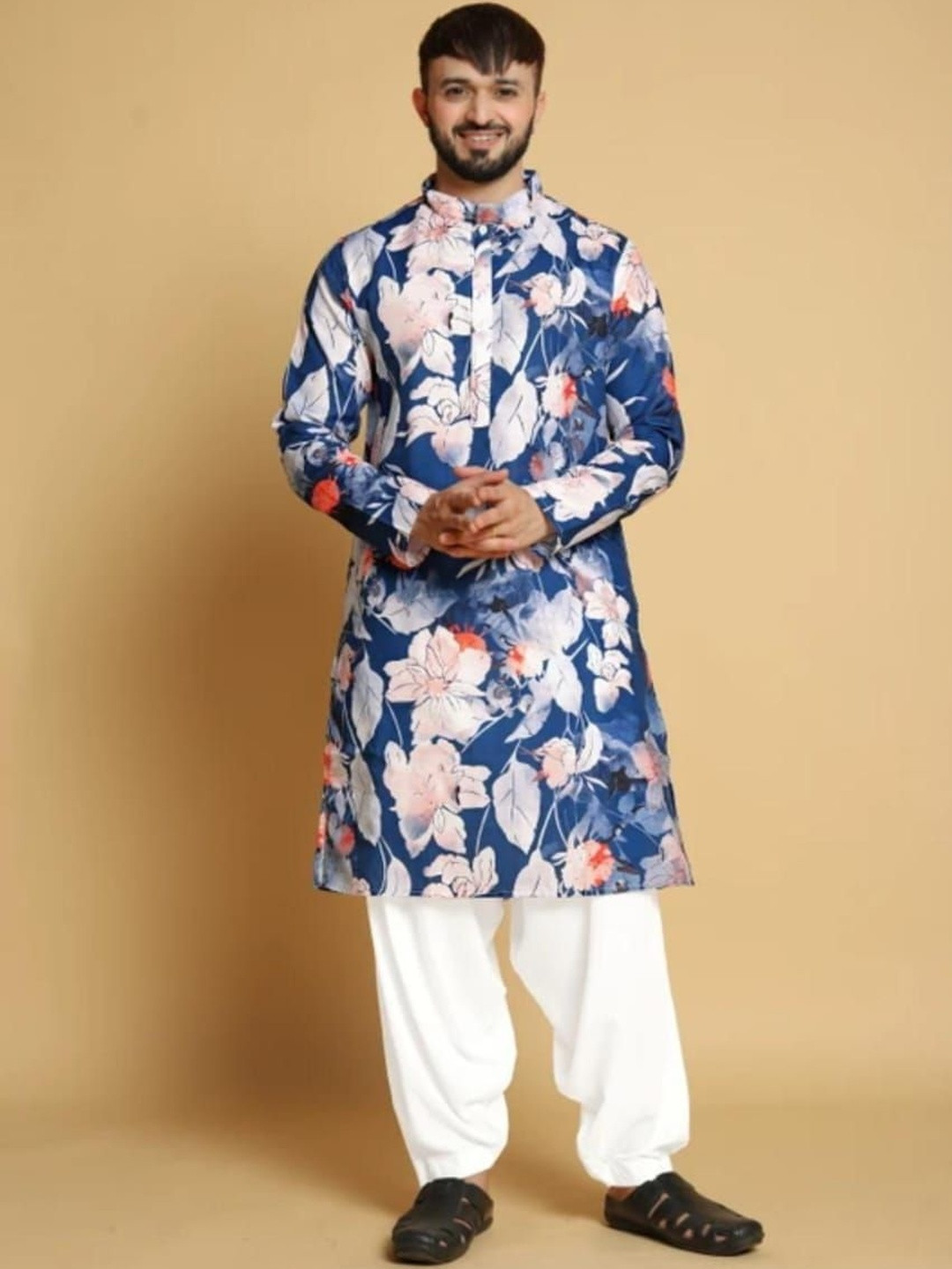 VISHESTA Men Floral Printed Mandarin Collar Straight Kurta
