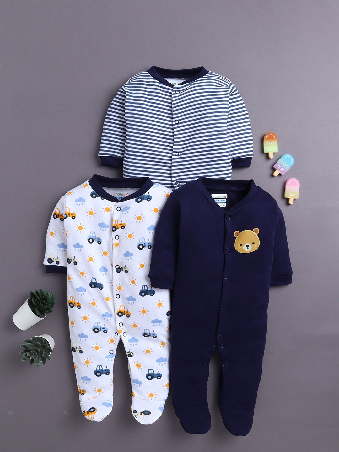 BUMZEE Infant Boys Pack Of 3 Striped Cotton Sleepsuit
