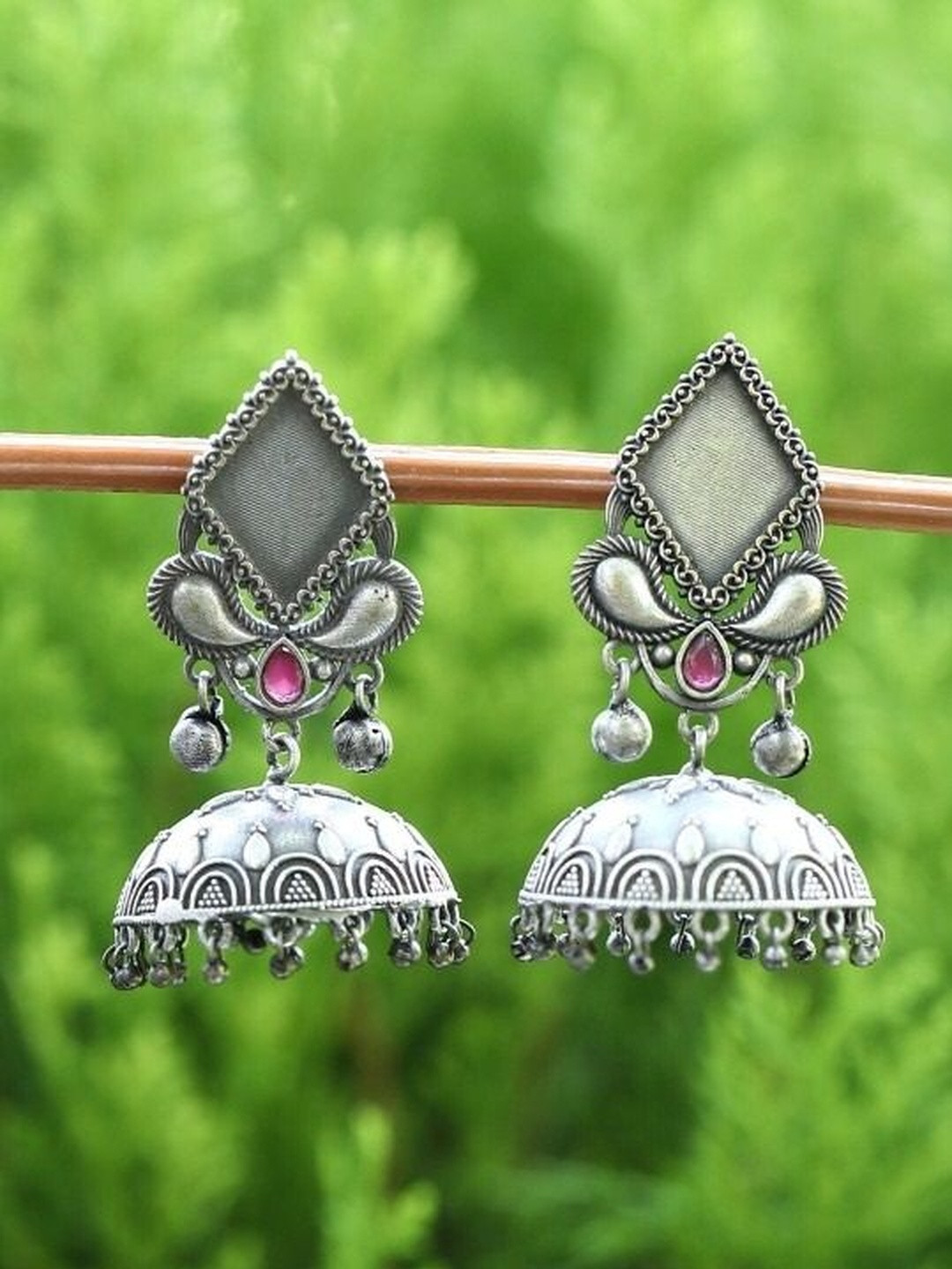Sangria Oxidised Silver Dome Jhumka Earrings with Pink Stone & Peacock Detailing