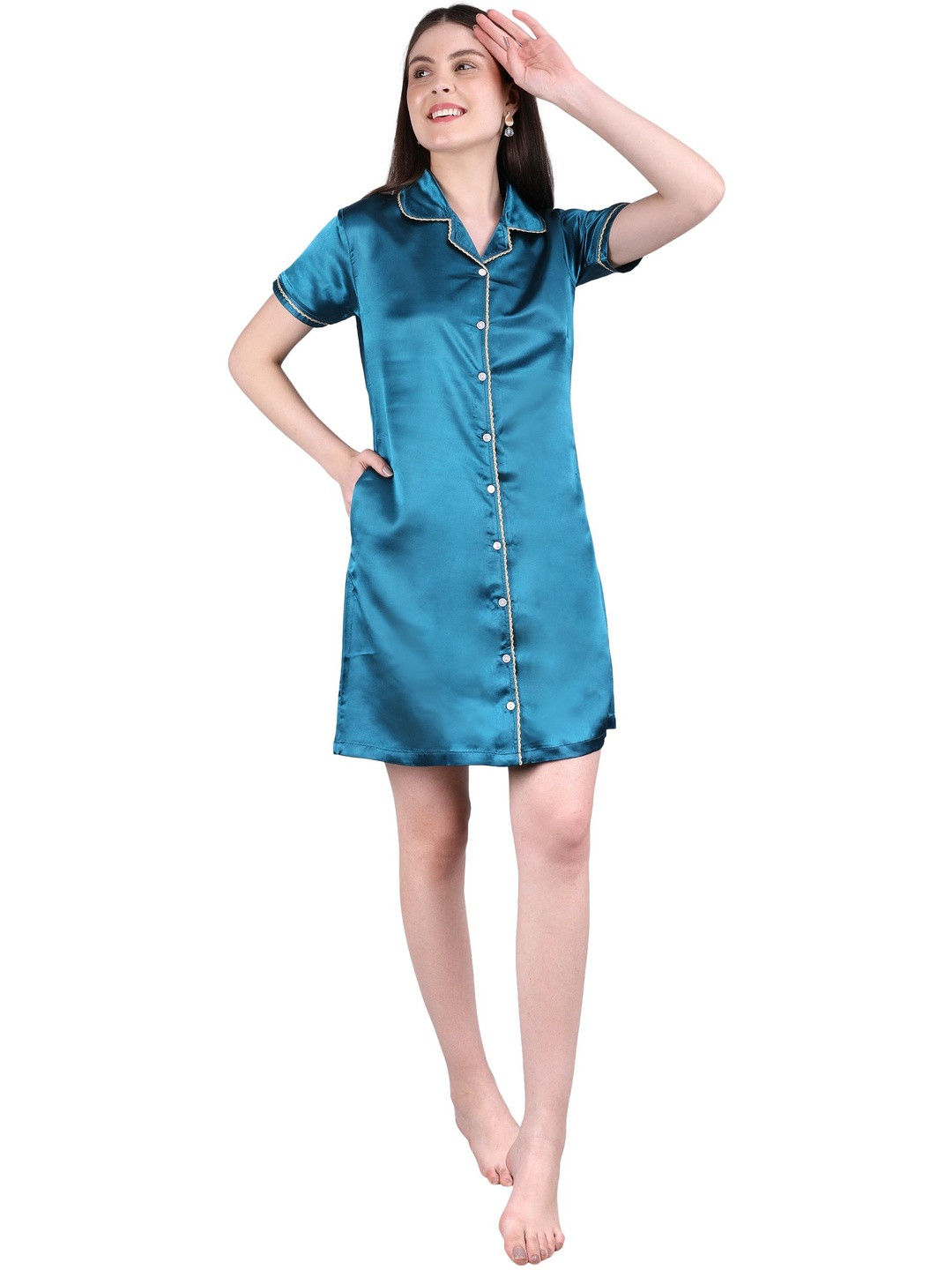 WOEMUR Women Teal Satin Knee Length Nightdress
