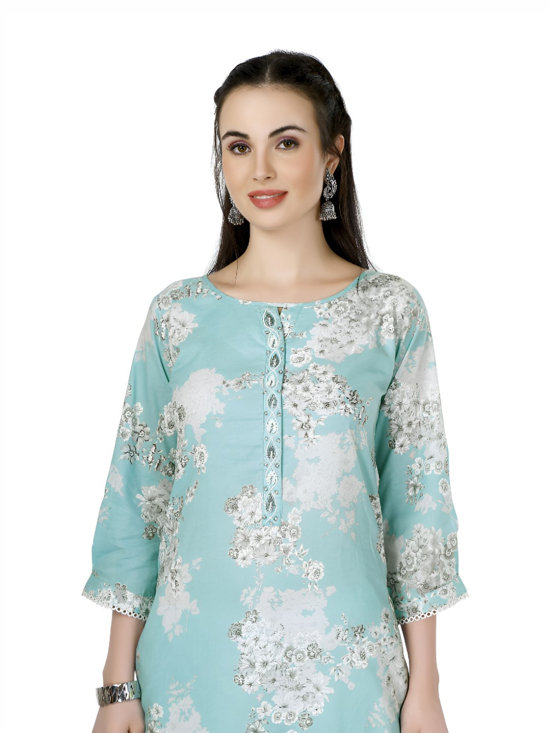 IRIS WOMEN Floral Printed Thread Work Kurta & Trousers With Dupatta