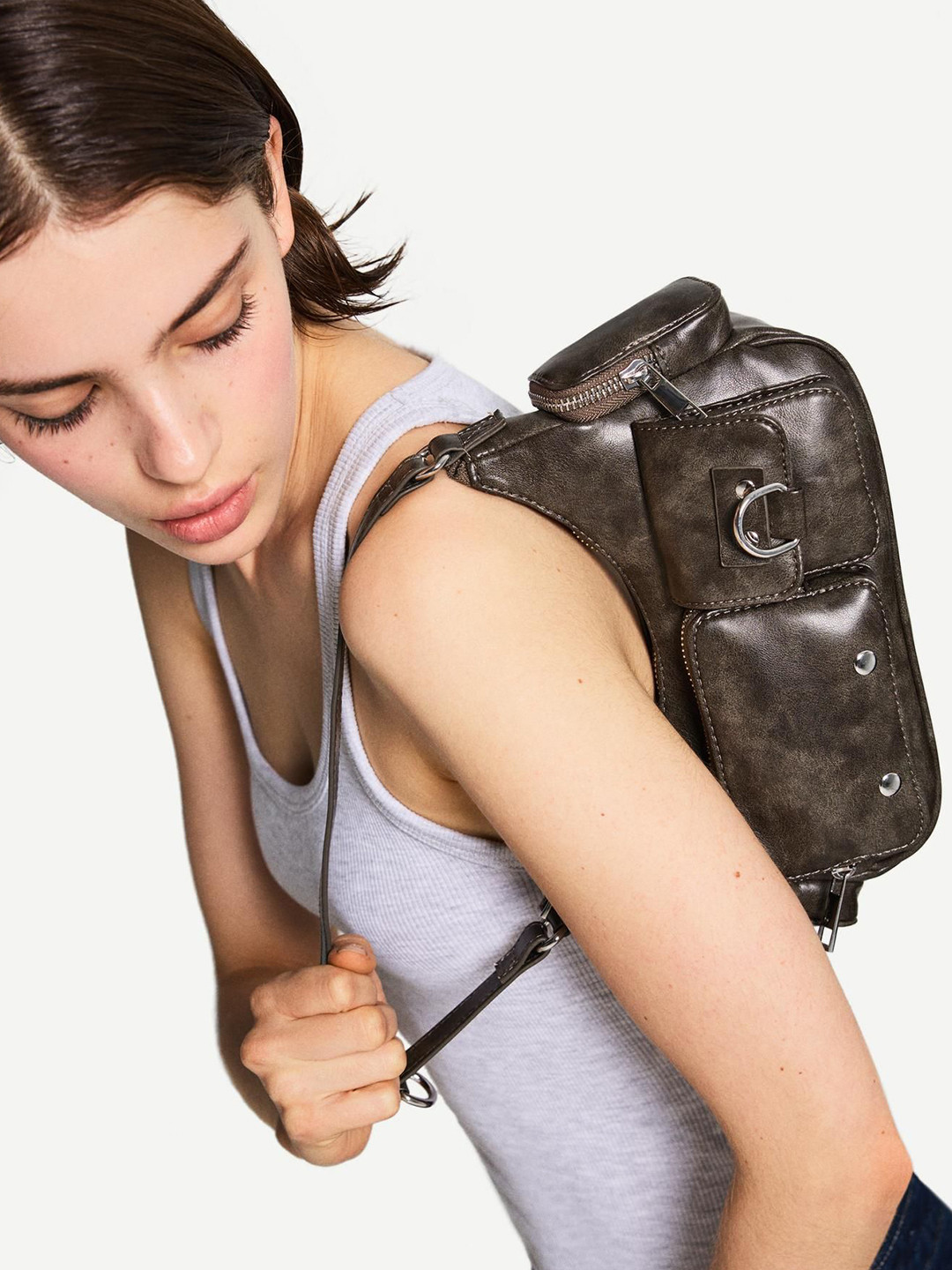 Bershka Textured Multi-pocket Shoulder Bag