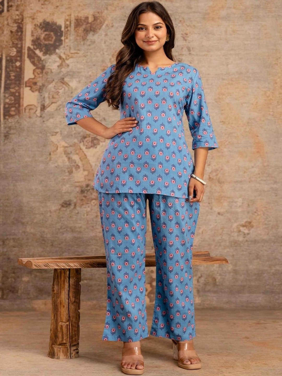 FASHION CLOUD Women Floral Printed Pure Cotton Top and Pyjamas