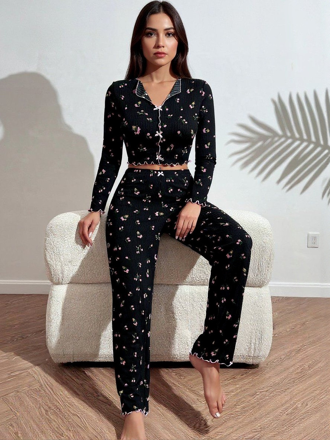 DressBerry Women Floral Print Lettuce Trim Bow Front Co-Ord Set