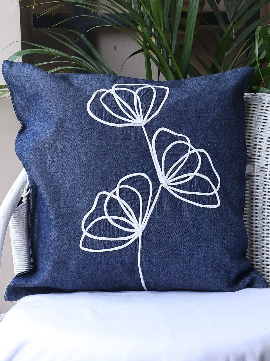 Crown of Poppies Threaded Blossoms Denim Square Cushion Covers