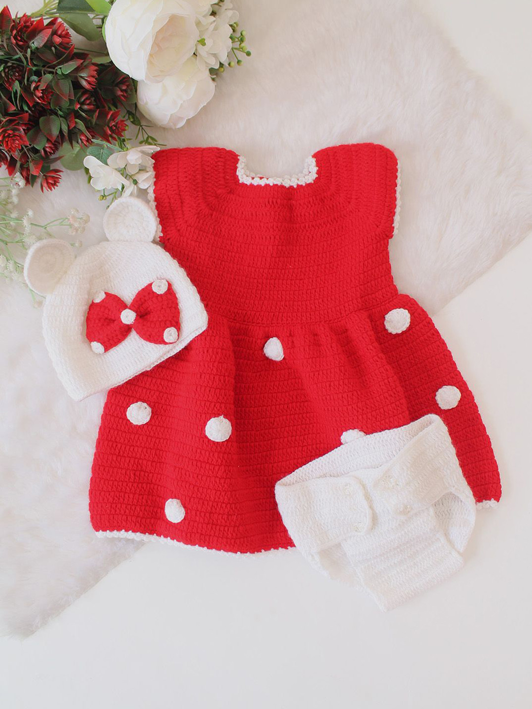 Woonie Girls Polka Dot Self Design Round Neck Fit & Flare Dress
