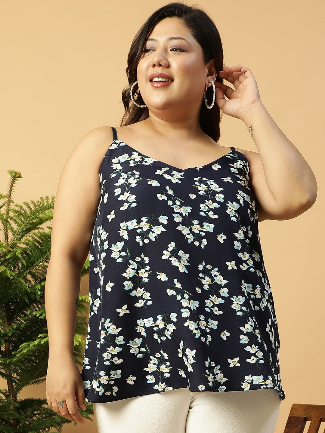 CLOCHOICE Women Plus Size Floral Printed Crepe Top