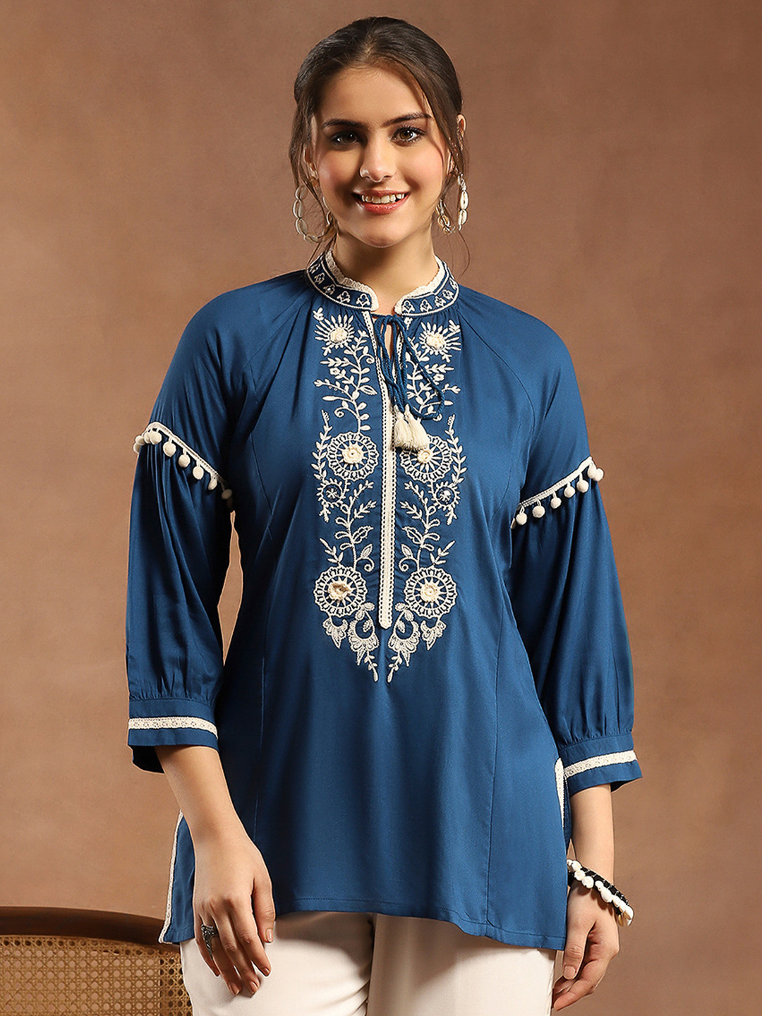 Nayam By Lakshita Mandarin Collar Puff Sleeves Embroidered Tunic