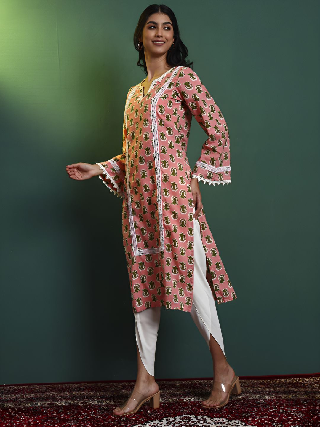 Salvia Sky Women Ethnic Motifs Printed Lace Kurta Set with Dupatta