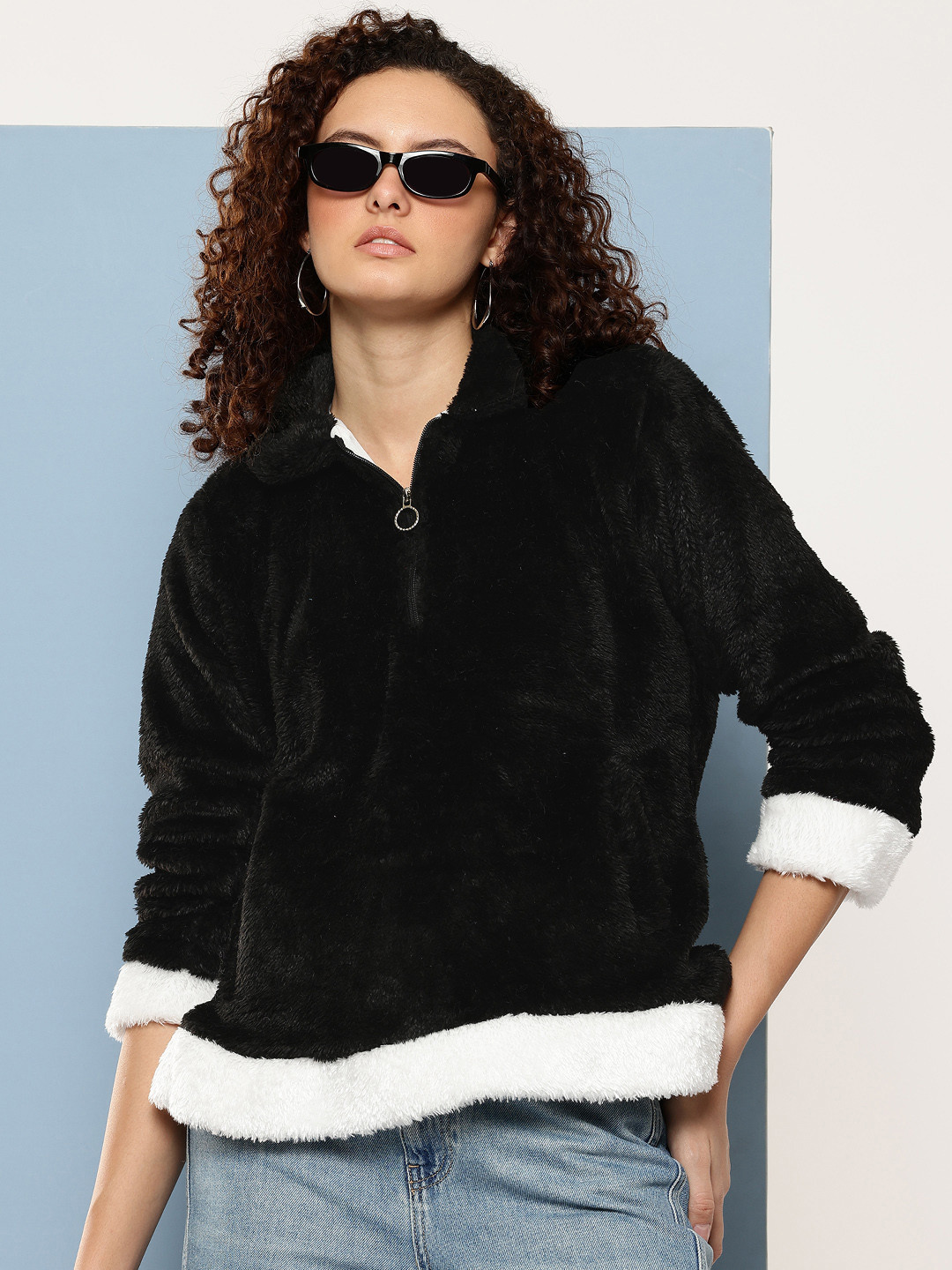 Aarika Shirt Collar Faux Fur Trim Half Zipper Woollen Pullover