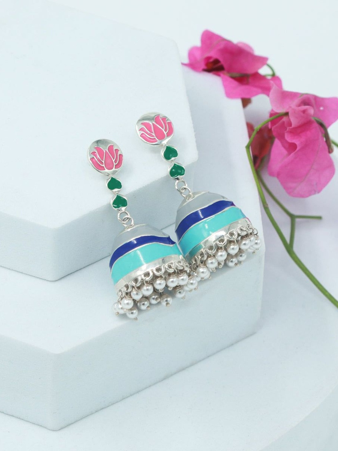 House of Aadyaa 92.5 Silver Lotus Jhumkas Earrings