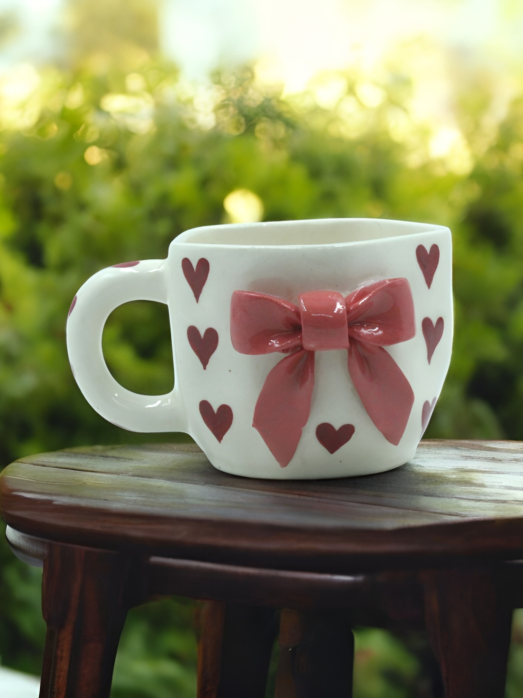 The Pottery Muse White Bow Textured Ceramic Glossy Mugs 250ml