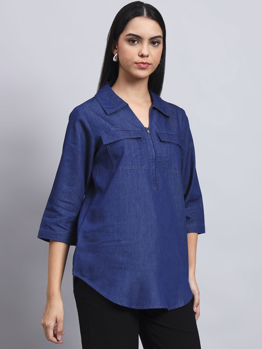 Orchid Blues Women Shirt Collar Cotton Denim Top