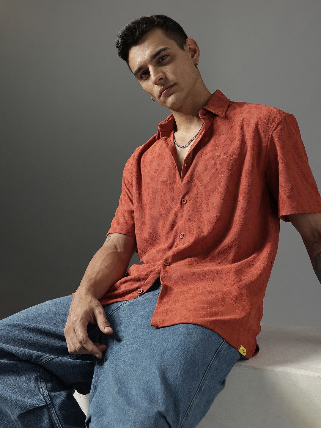 FCUK Relaxed Fit Abstract Self Design Textured Casual Shirt