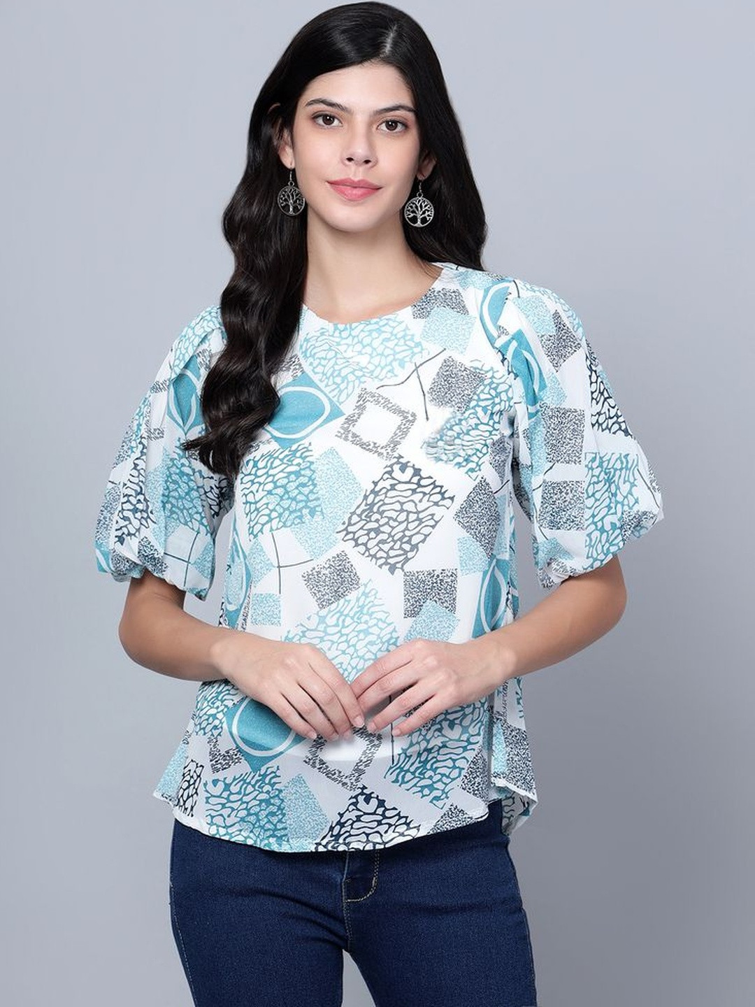 HERE&NOW Abstract Printed Puff Sleeves Georgette Top