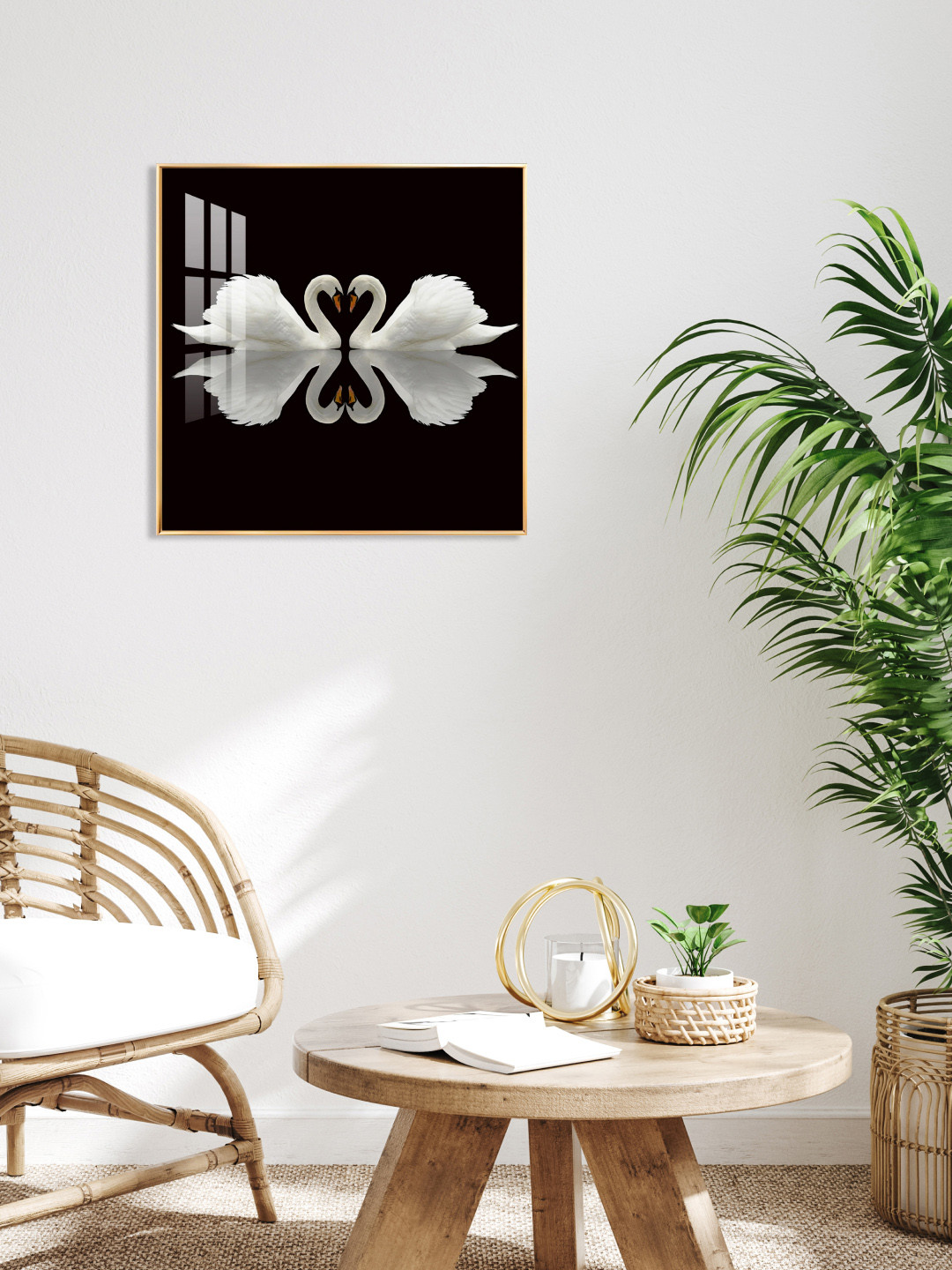 THE NEXT DECOR Black & White Swan Mirage Glass Finish Square Wall Art