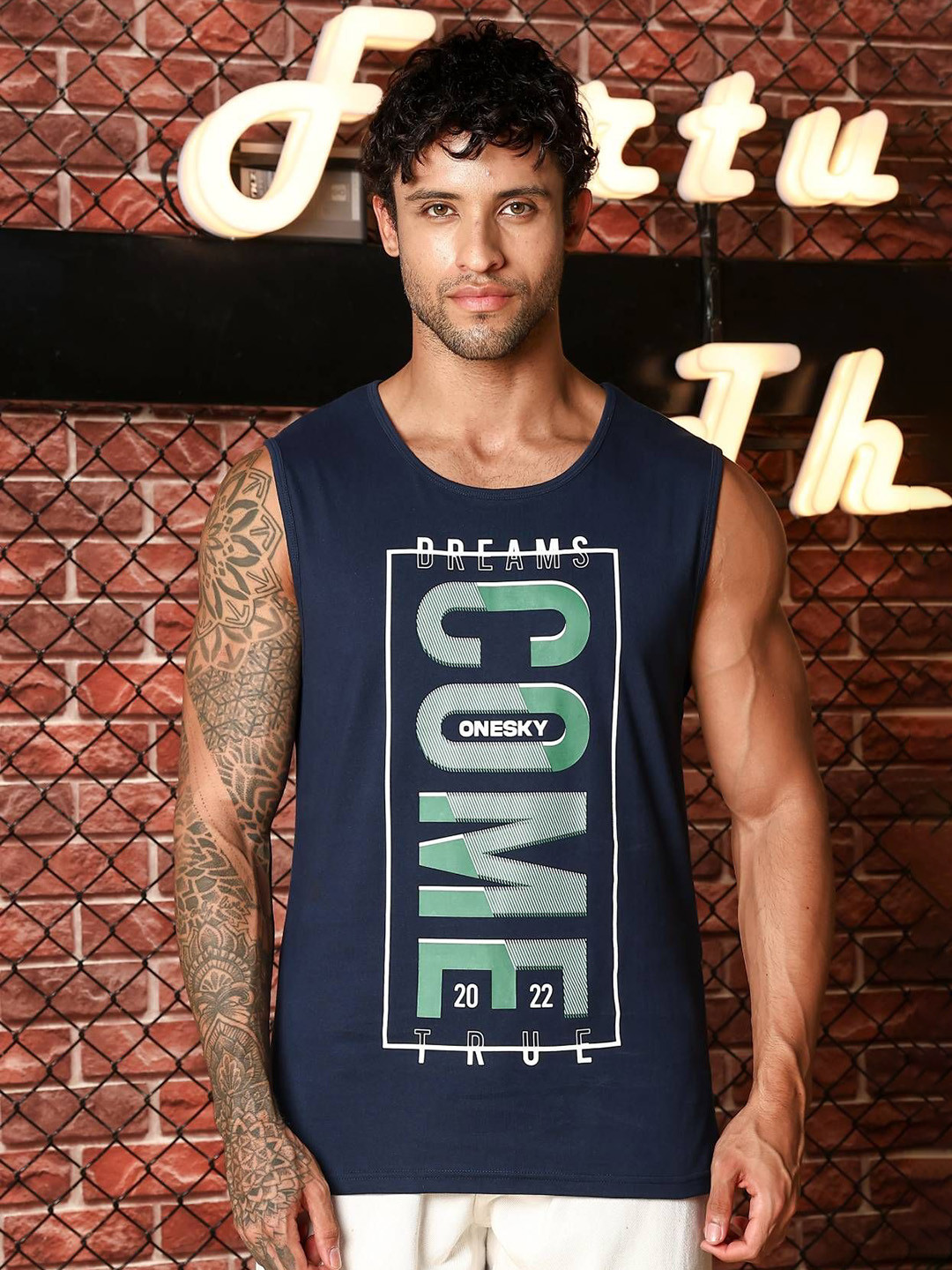 ONE SKY Men Printed Pure Cotton Innerwear Vests SM25-26 NAVY PEONY