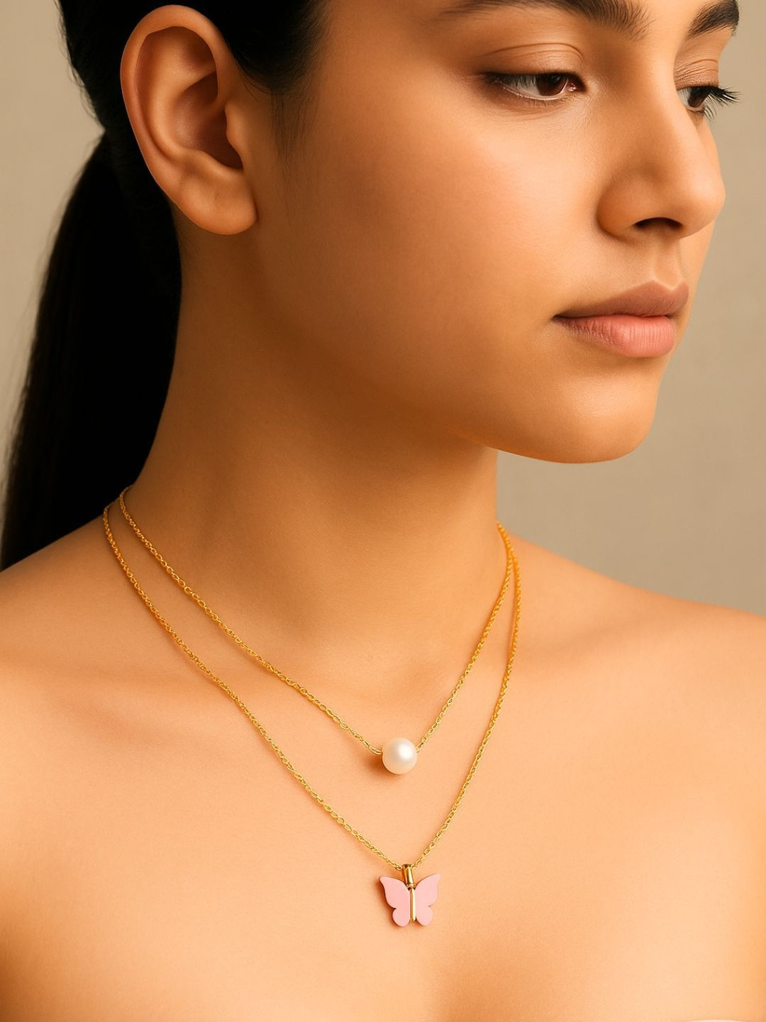 Tipsy closet Stainless Steel Gold-Plated Artificial Stones Beaded Minimal Necklace