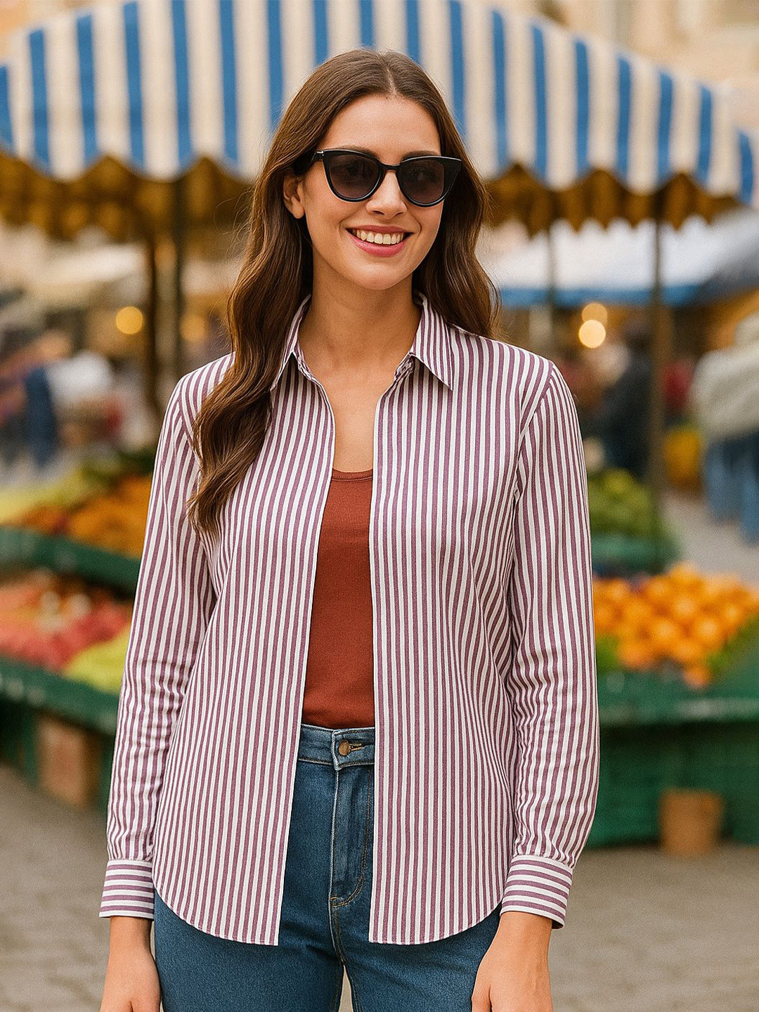 English Navy Women Wrinkle Resistant Candy Striped Casual Shirt