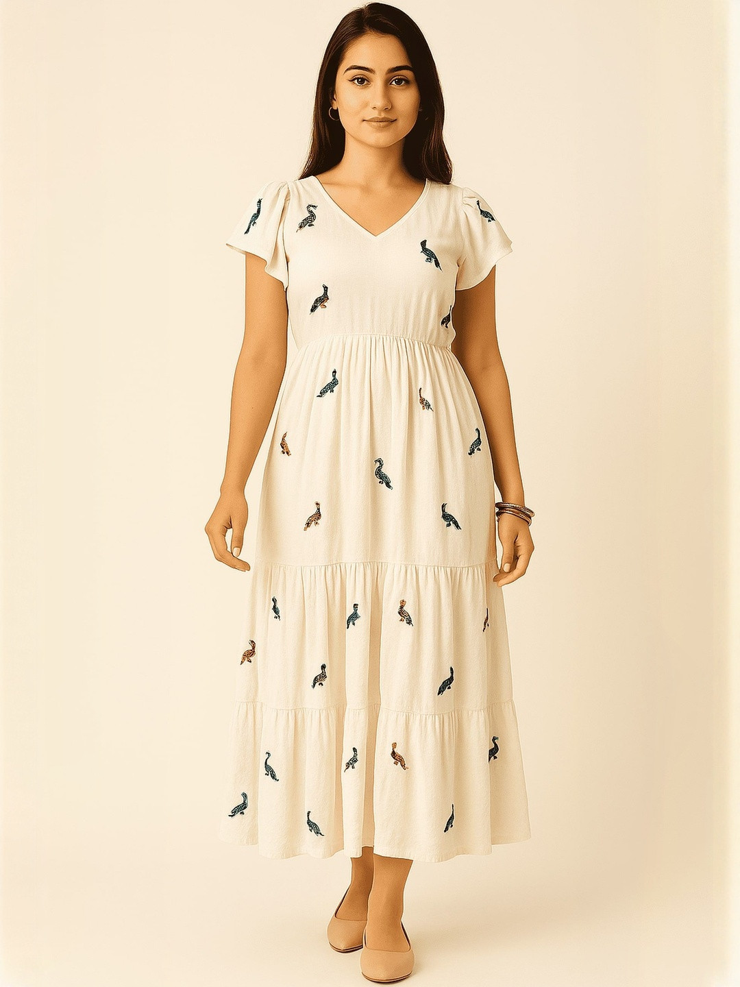 THE WHITE FEATHERS Women Floral Embroidered Tiered Fit & Flare Midi Dress