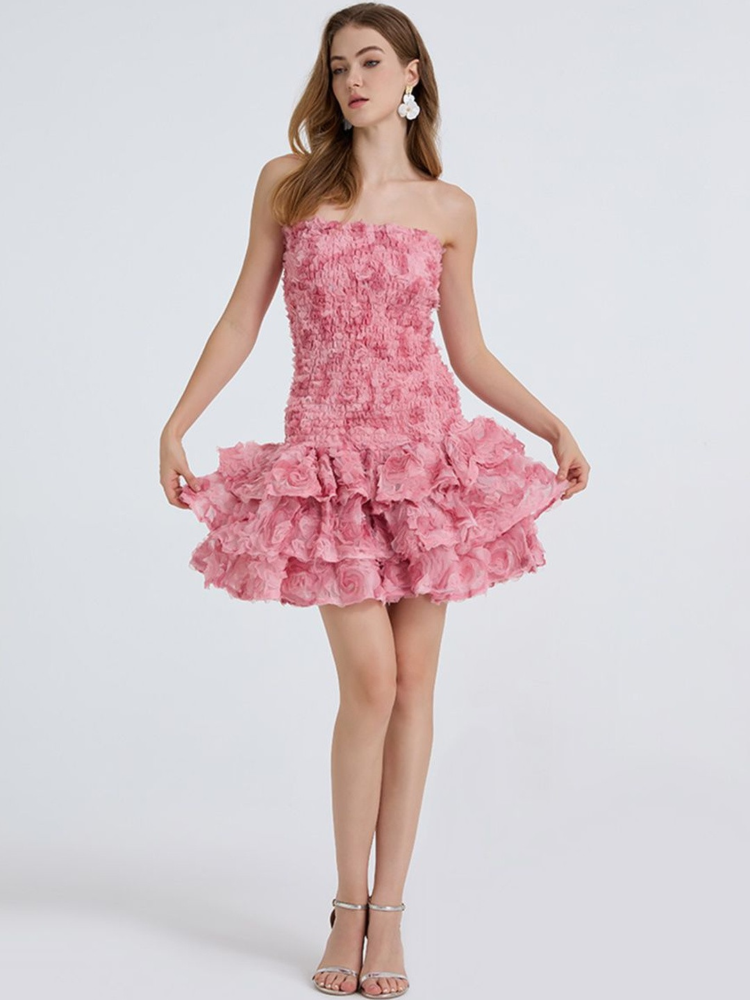 JC Collection Women Strapless Smoked Layered Mini Dress