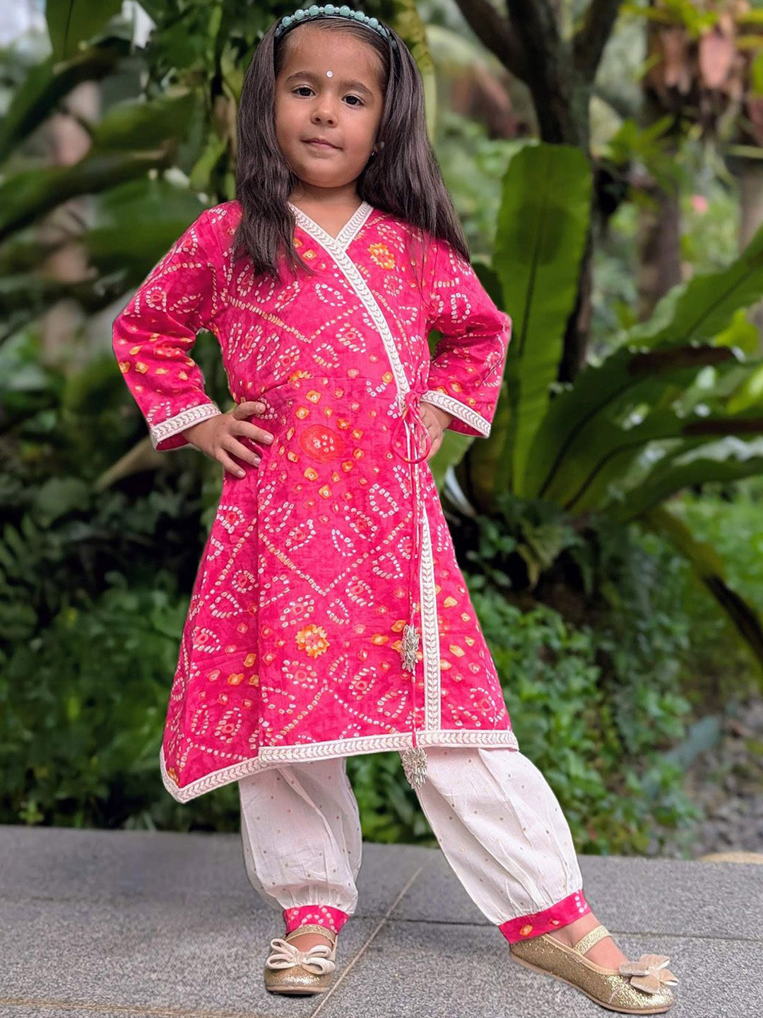 NIMBU Girls Bandhani Printed Cotton A-Line Kurta with Salwar