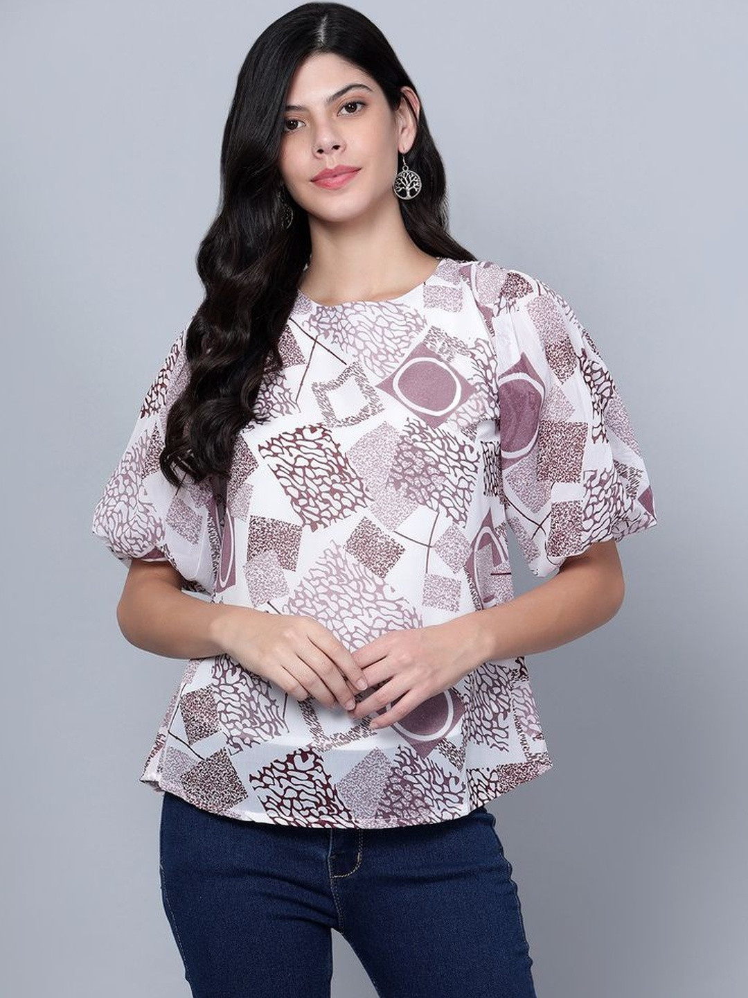 HERE&NOW Women Muave & White Georgette Geometric Print Puff Sleeve Top