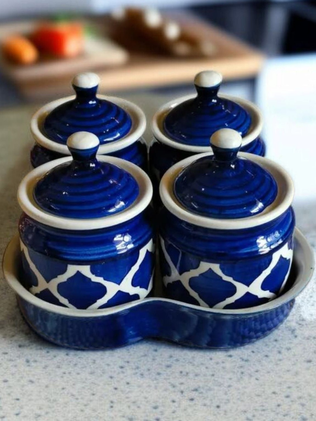 Artisans Bazar Blue Set of 4 Ceramic Canister Container with Lids & Holding Tray