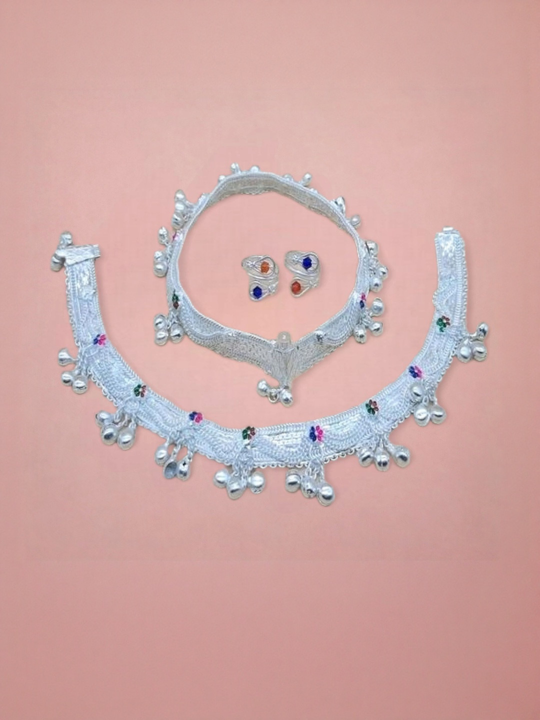 BR Ornaments Women Silver-Plated Artificial Stones Anklets With Toe Rings