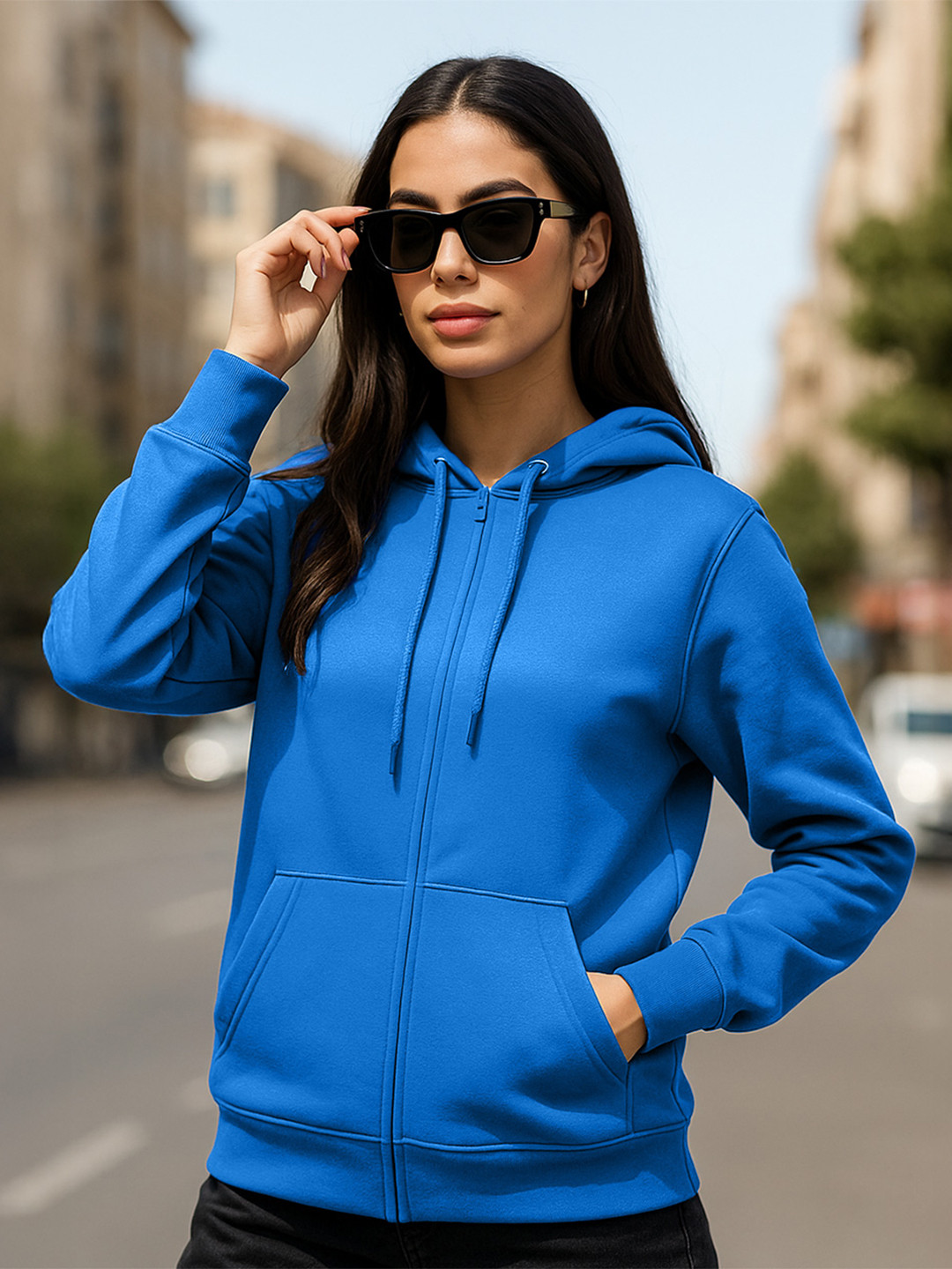JUNEBERRY Women Blue Solid Cotton Fleece Regular Fit Hooded Bomber Jacket