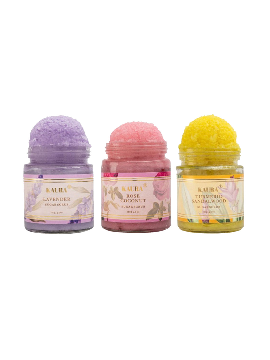 KAURA Set Of 3 Lavender- Rose Coconut & Turmeric Sandalwood Sugar Scrub- 120 g Each